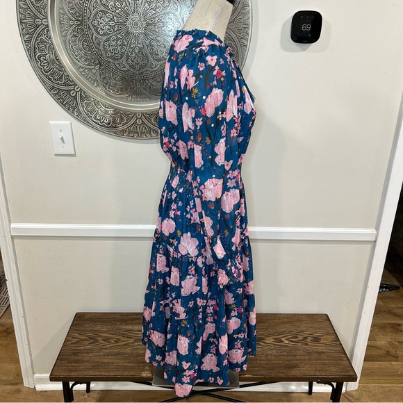 Jade - Melody Tam Blue Midi Dress with Pink Flowers - Gold Accents Size M - Picture 6 of 10